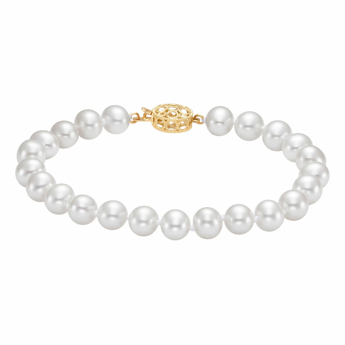 7-7.5mm Freshwater White Pearl Circle Clasp Bracelet, 14ct Yellow Gold 7-7.5mm Freshwater White Pearl Circle Clasp Bracelet, 14ct Yellow Gold