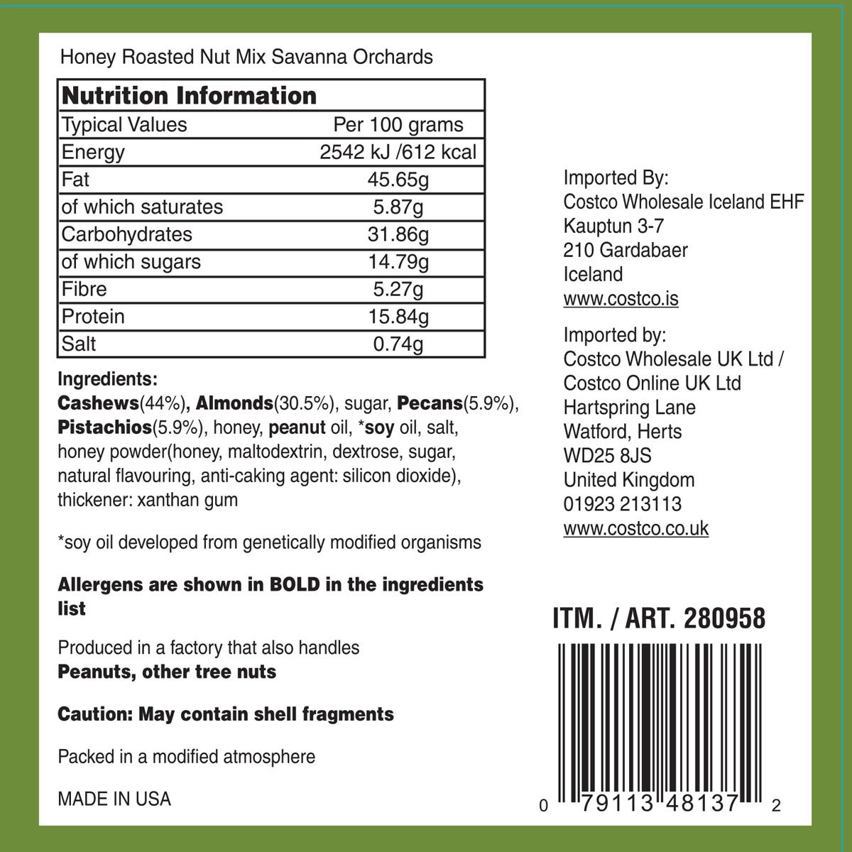 Honey Roasted Nut Mix Nutritional Information