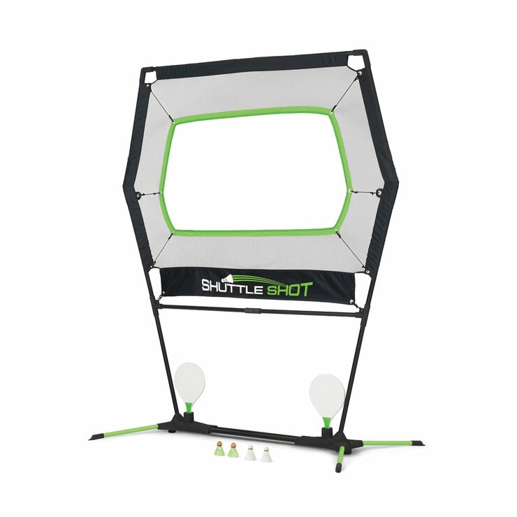 Studio image of the Shuttle Shot with two paddles and four shuttlecocks