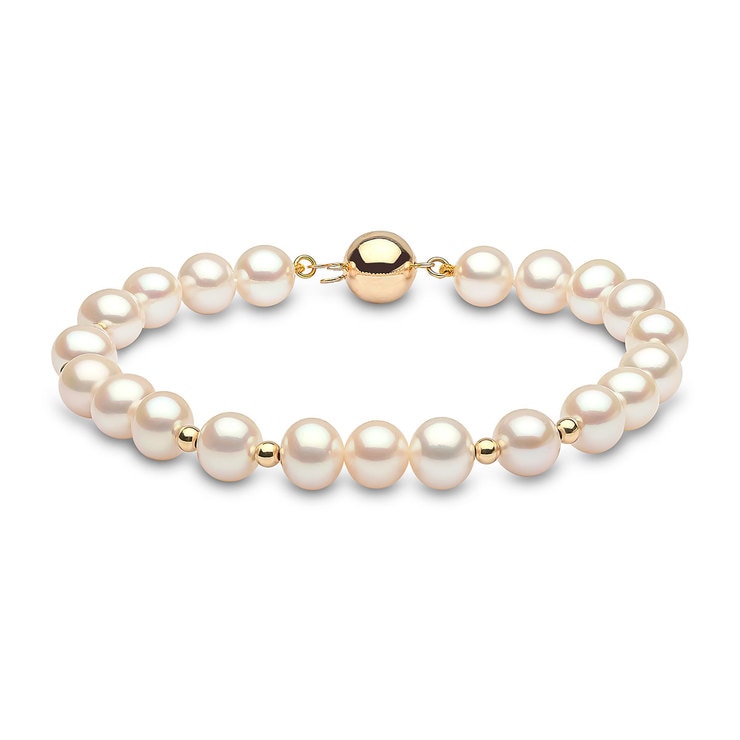 7.58mm Cultured Freshwater White Pearl and Gold Bead Bracelet, 18ct