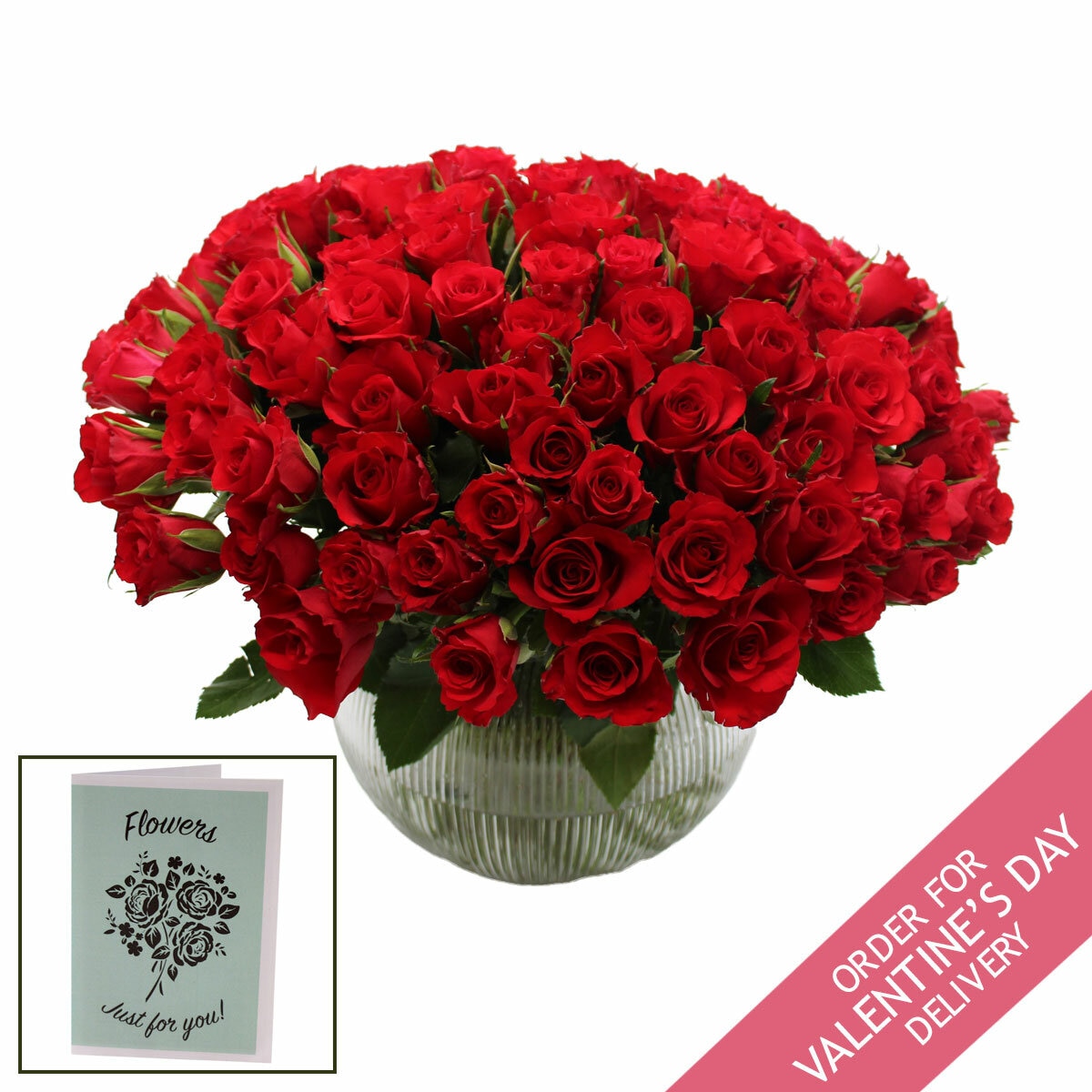 Valentine's 100 Stem Red Calypso Roses Flower Bouquet with Greetings Card