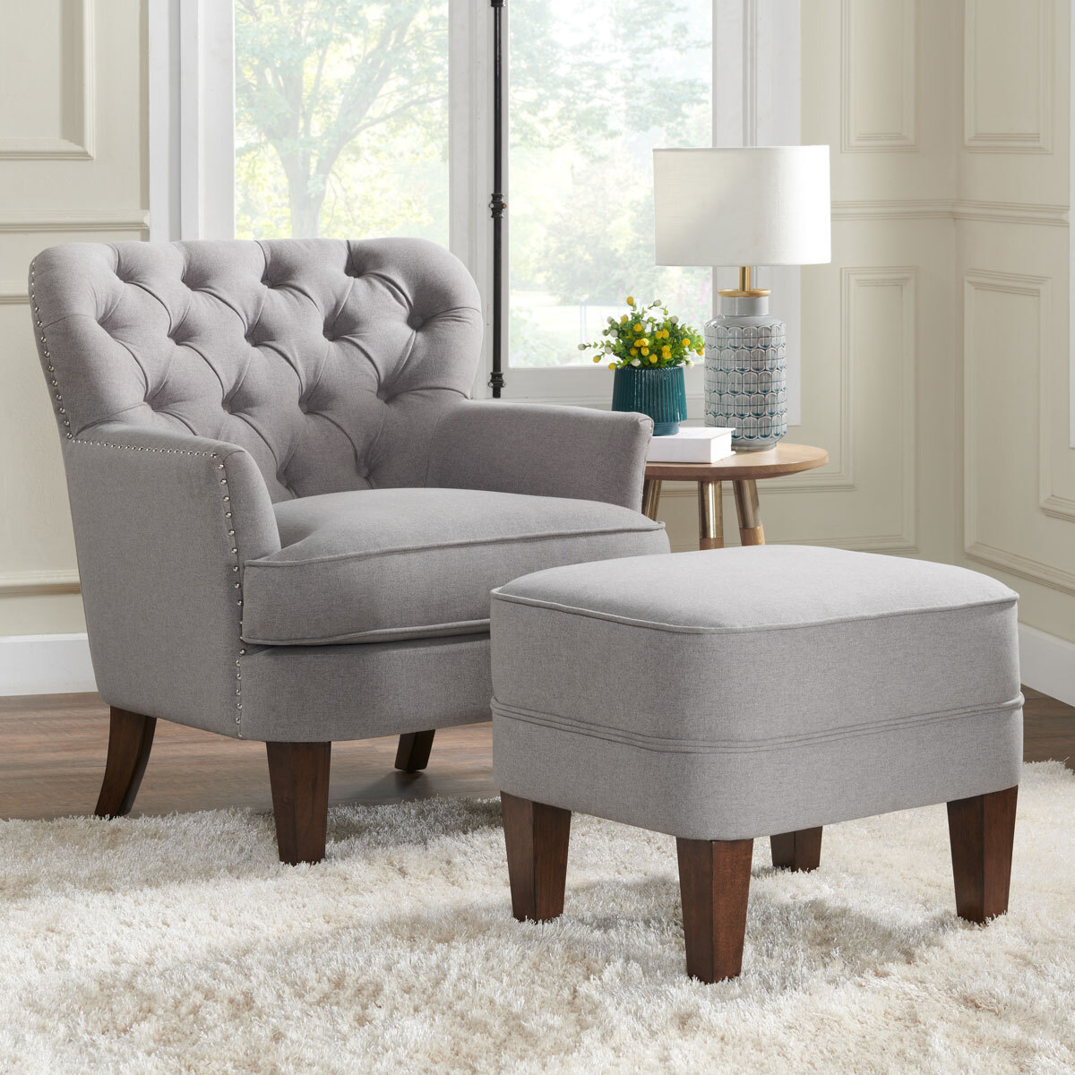 Brittany Grey Fabric Accent Chair With Ottoman Costco UK