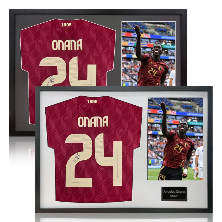 Amadou Onana Signed Framed Belgium Football Shirt including 1 Photo in 2 Options: White or Black Mount Amadou Onana Signed Framed Belgium Football Shirt including 1 Photo in 2 Options: White or Black Mount