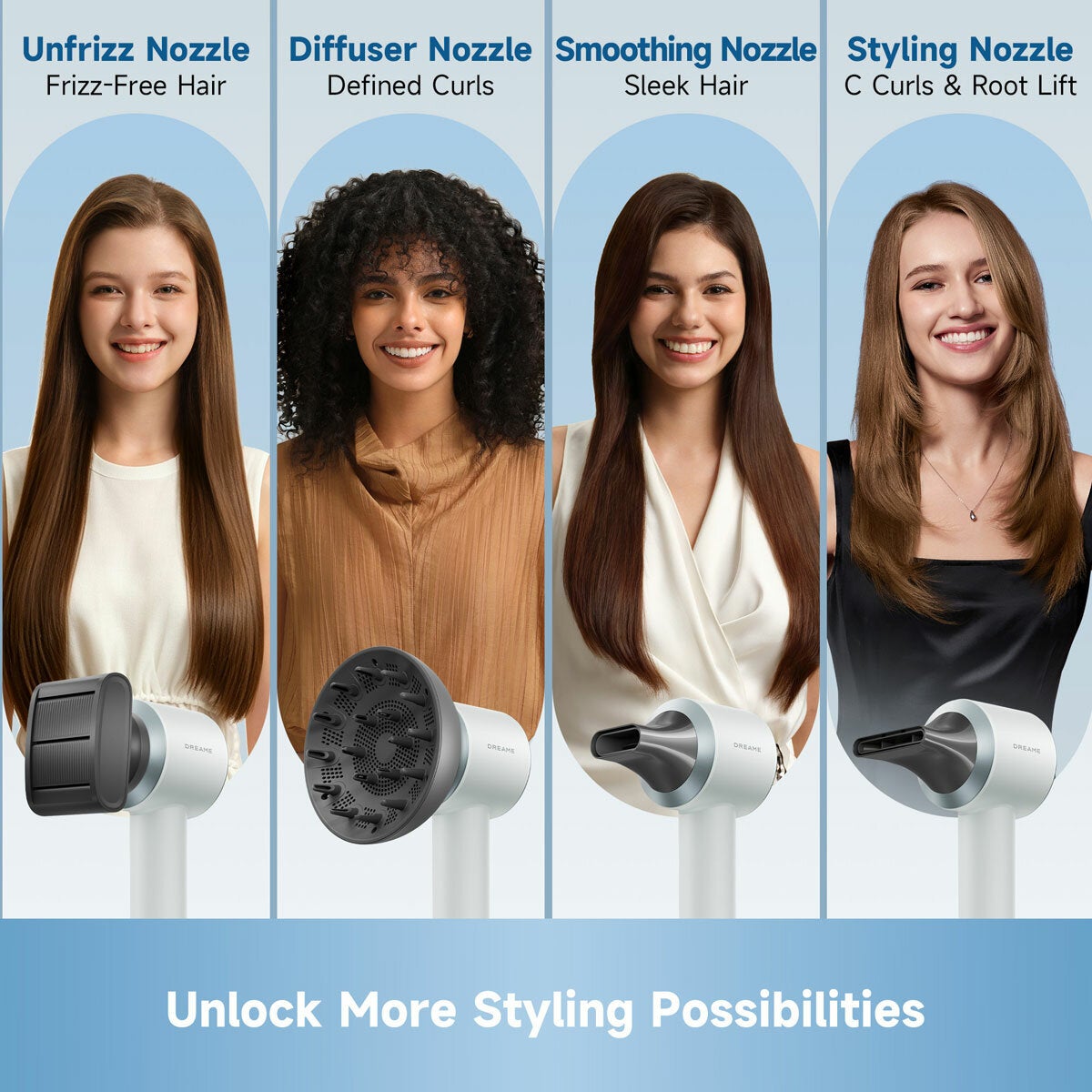 Image of different hair dryer attachments Image of different hair dryer attachments