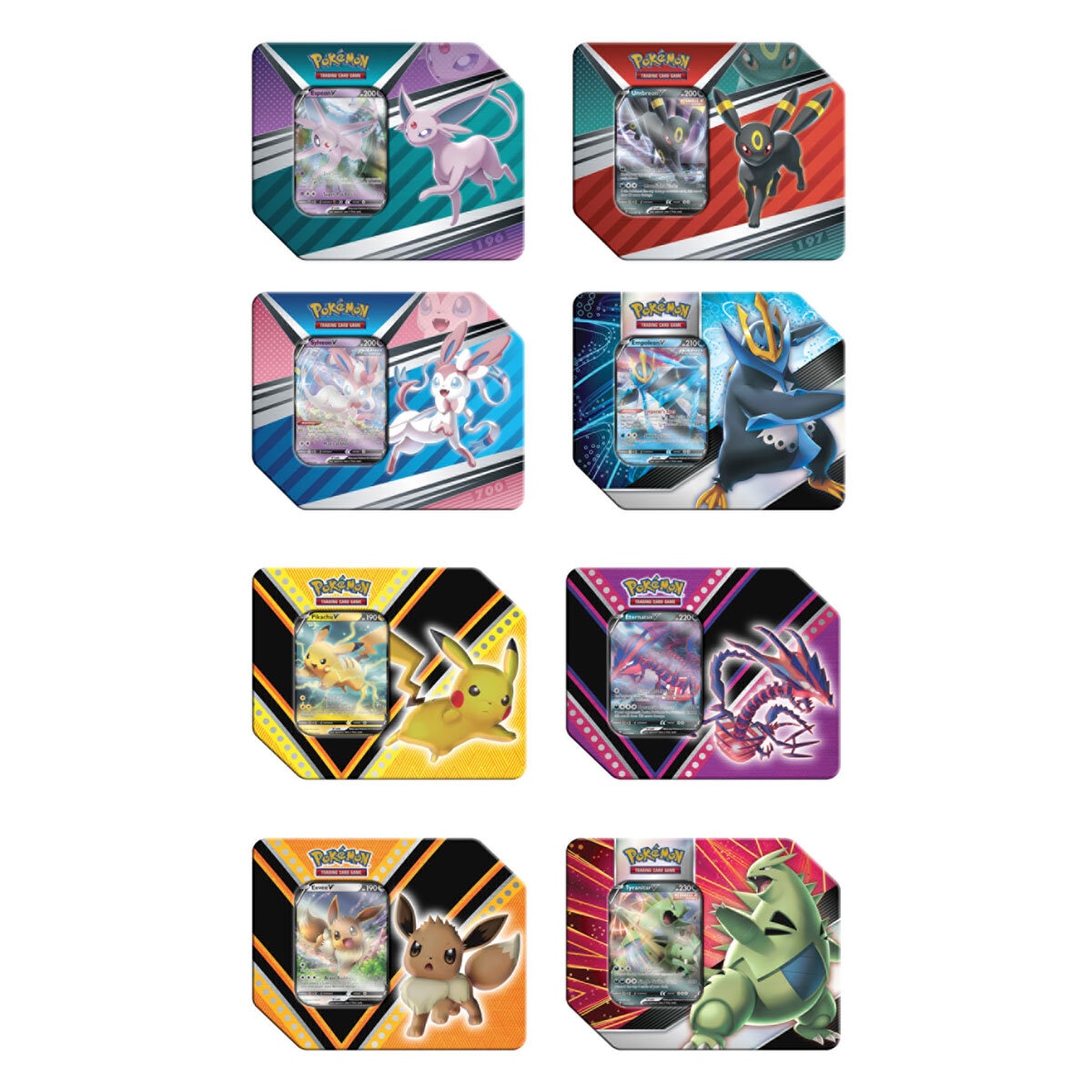 Pokemon 4 Pack V Tins – Pikachu, Eternatus, Eevee, Tyranitar