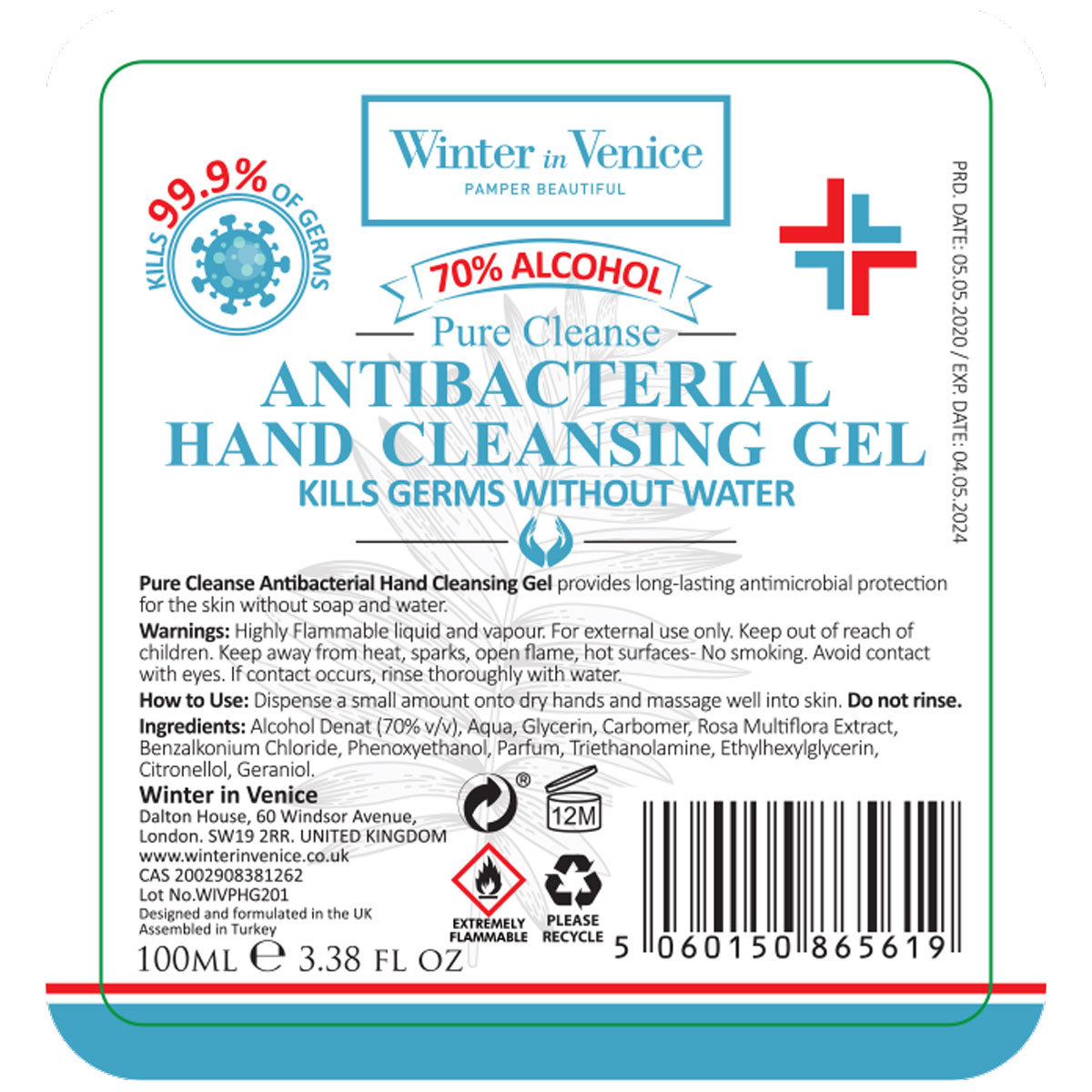 Winter in Venice Antibacterial Hand Cleansing Gel, 10 x 100ml (70% Alcohol)