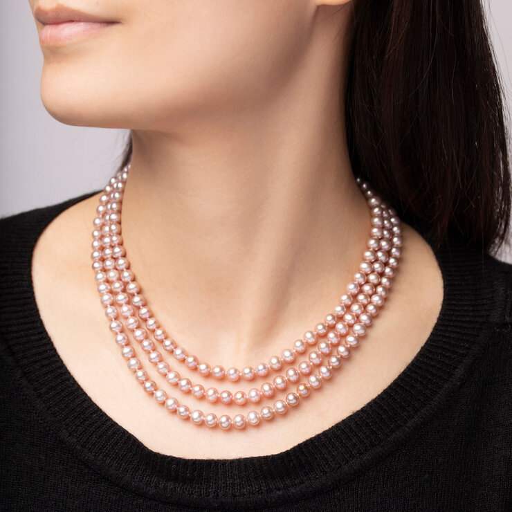 Pink Cultured Freshwater Pearl 3 Strand Necklace, 18ct Yellow Gold