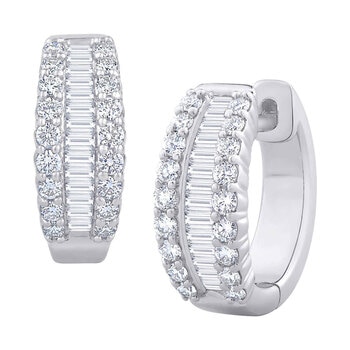 0.60ctw Baguette & Round Brilliant Cut Diamond Hoop Earrings, 14ct White Gold