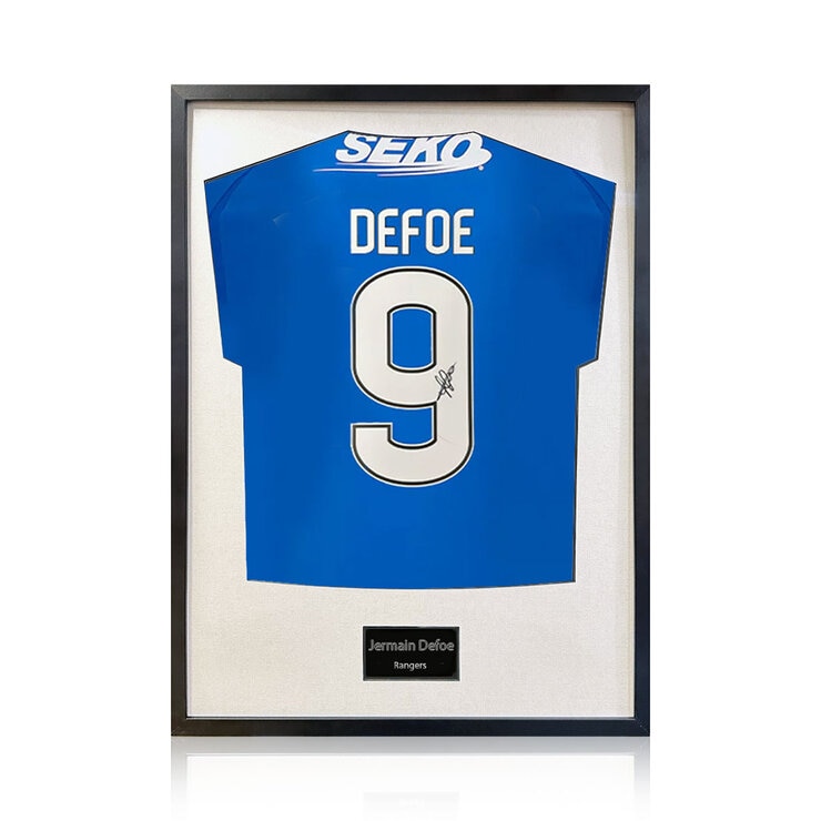 Jermain Defoe Signed Framed Rangers Football Shirt in 2 Options: White or Black Mount Jermain Defoe Signed Framed Rangers Football Shirt in 2 Options: White or Black Mount