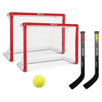 Studio image of the included goals, mini stock and foam ball