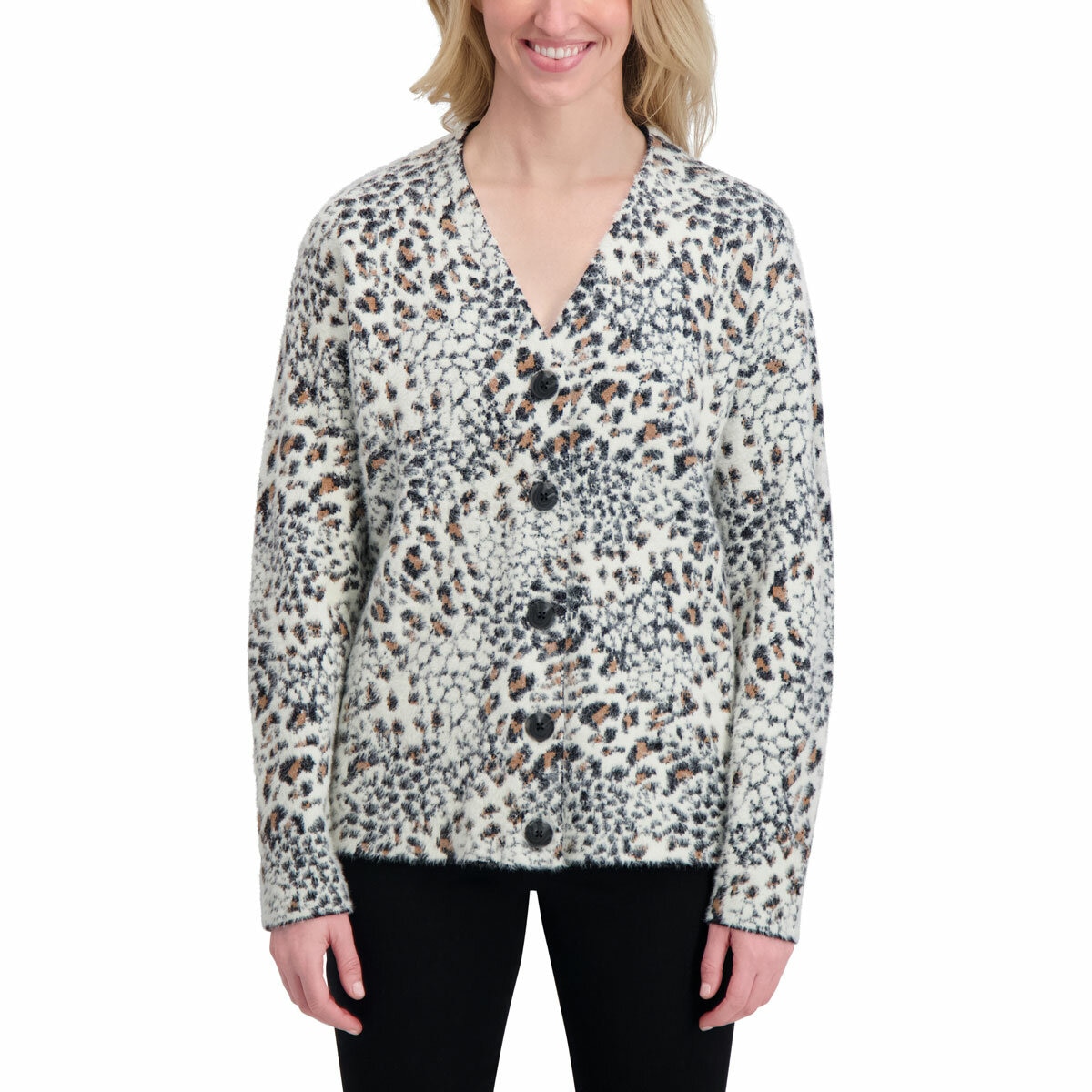 DKNY Ladies Leopard Print Cardigan in Ivory