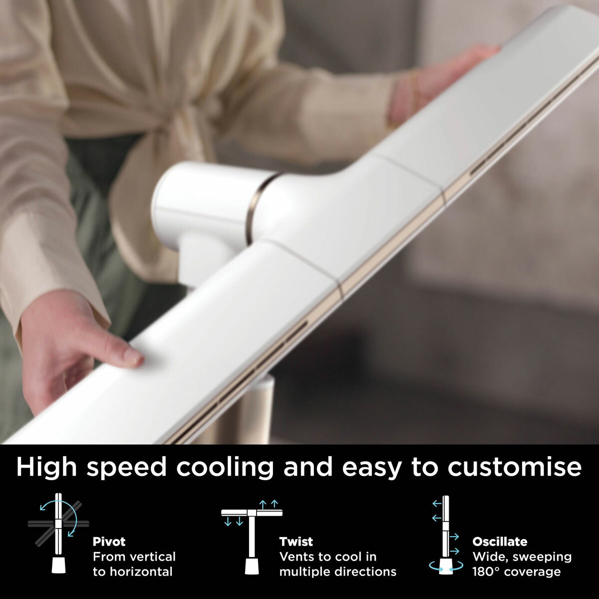 Lifestyle image of  Shark TurboBlade Multi-Directional Cooling Fan pivoting, twisting and oscillating