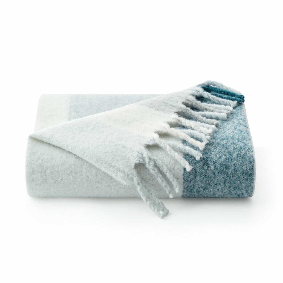 Folded Blue Faux Mohair Throw, showcasing fringed border and soft texture