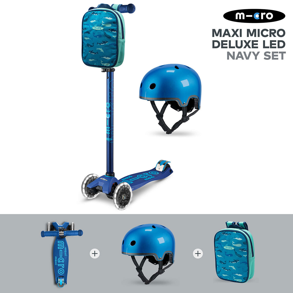 Micro Maxi Deluxe LED Navy Scooter with Blue Helmet and Sealife Lunch Bag (5+ Years) 