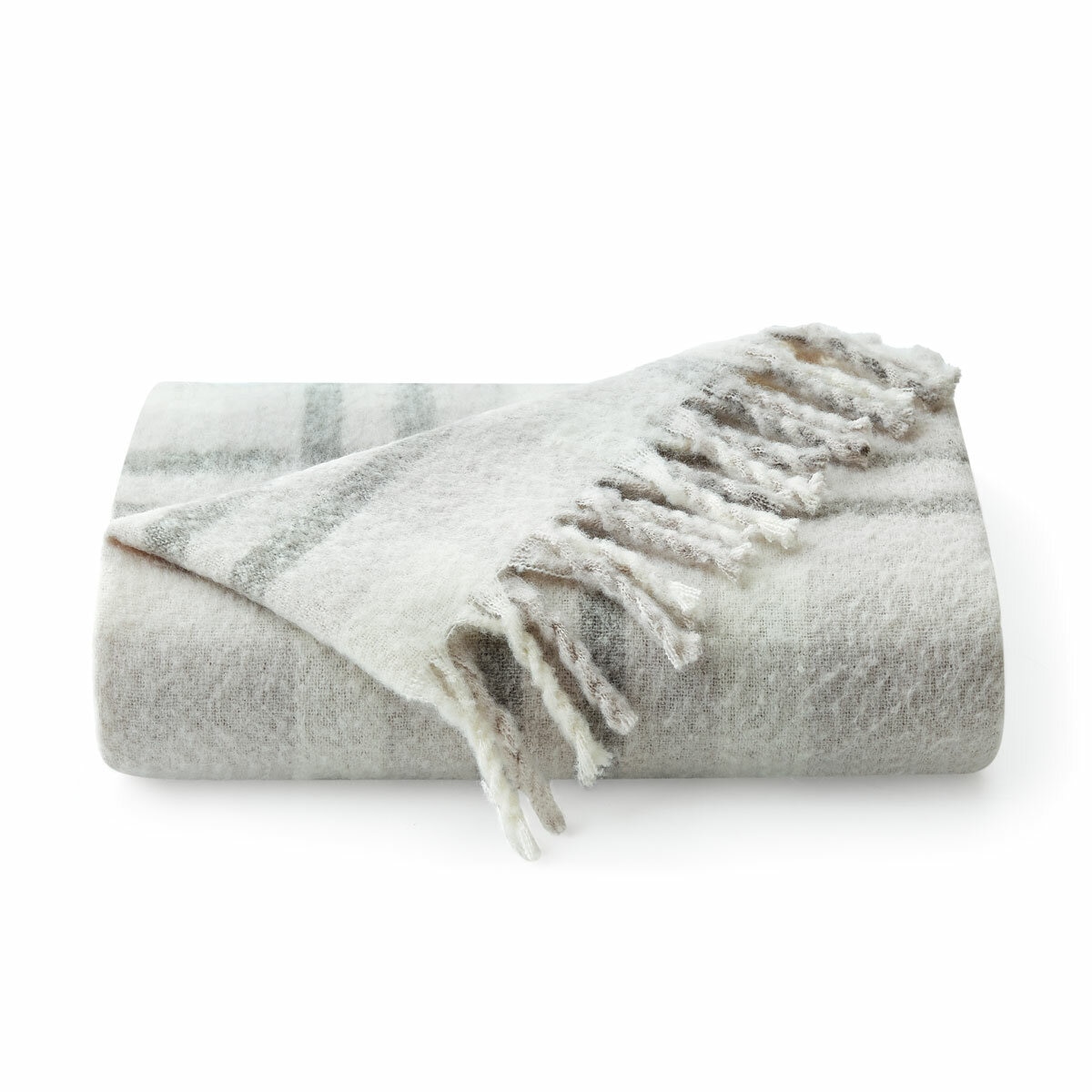 Folded Grey Faux Mohair Throw, showcasing fringed border and soft texture Folded Grey Faux Mohair Throw, showcasing fringed border and soft texture