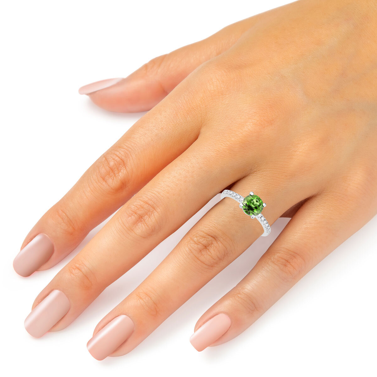 Round Cut Peridot & 0.20ctw Diamond Ring, 14ct White Gold