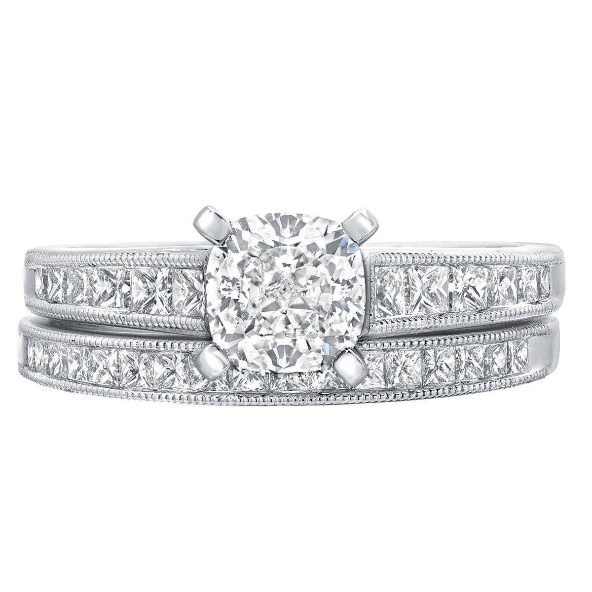 1.78ctw Princess and Cushion Cut Diamond Wedding Ring Set, Platinum