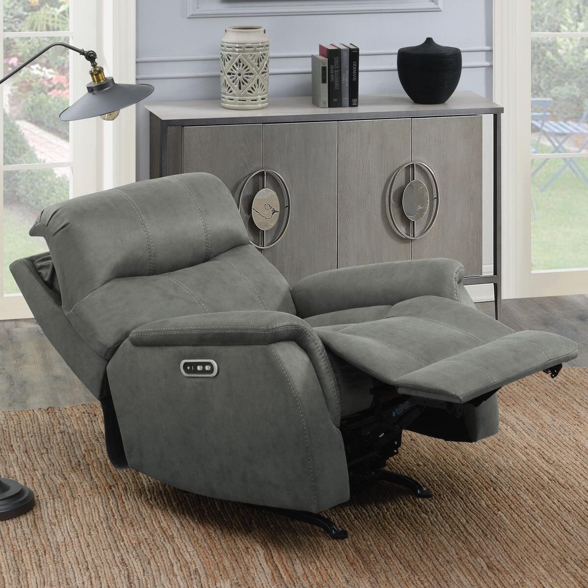 Lifestyle Image of Esme Barcalounger Grey Fabric Rocker Power Recliner, Reclined