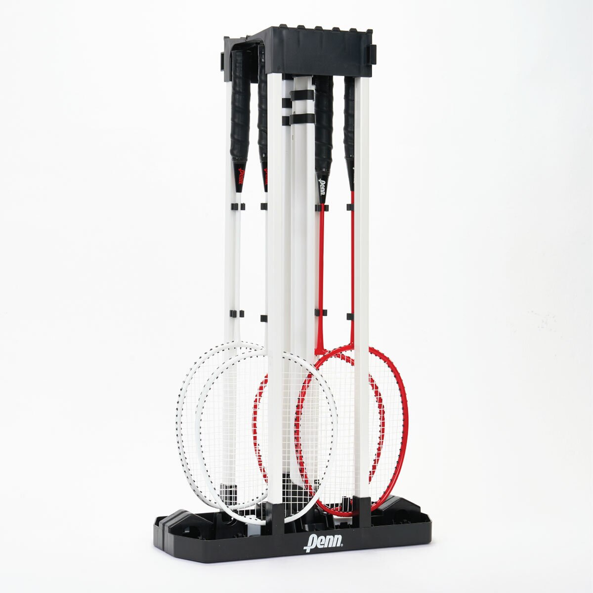 Studio image of the badminton base folded down and the rackets stood inside it.