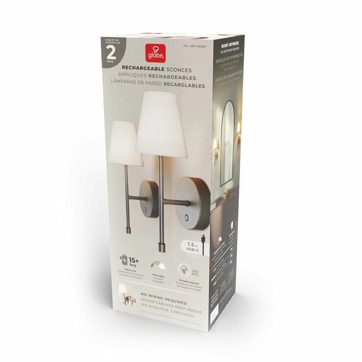 Globe Electric Wireless Rechargeable LED Integrated Wall Sconce in Black, 2 Pack