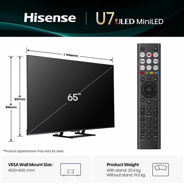 Hisense 65U7QTUK 65 Inch Mini LED HD Smart TV