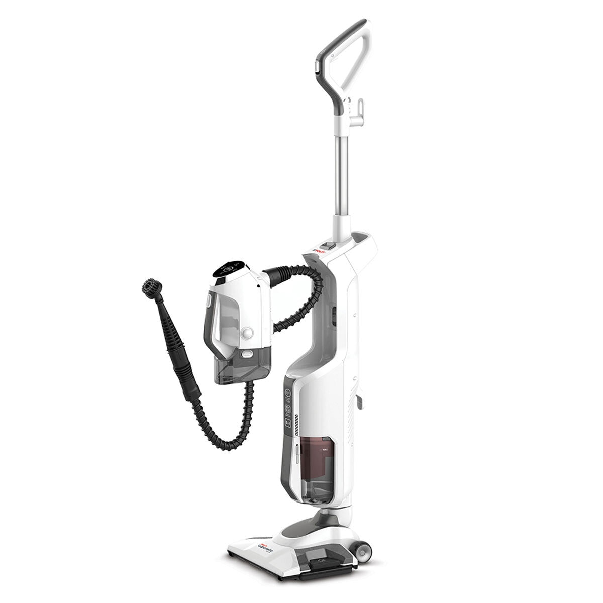 45 degree angle of Polti Vaporetta 3 showing the detachable steam cleaner