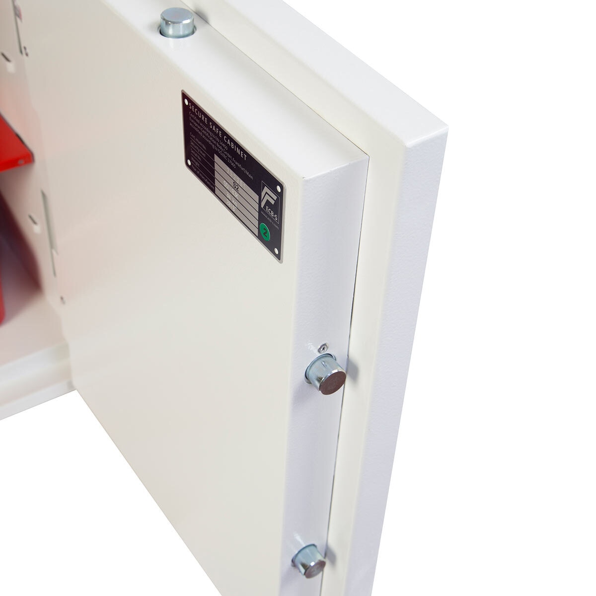 Close up image of safe door on white background