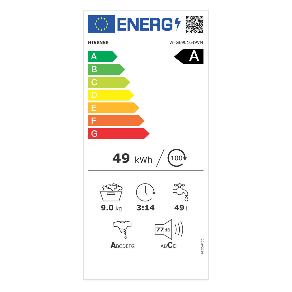 Energy Label for Hisense 9kg Washing Machine WFGE901649VM @ www.costco.co.uk