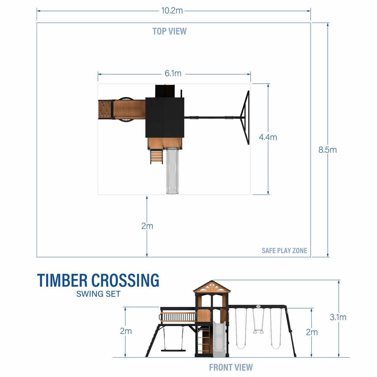 Image showing the dimensions of the Backyard Discovery Timber Crossing Wooden Playcentre and Swing Set
