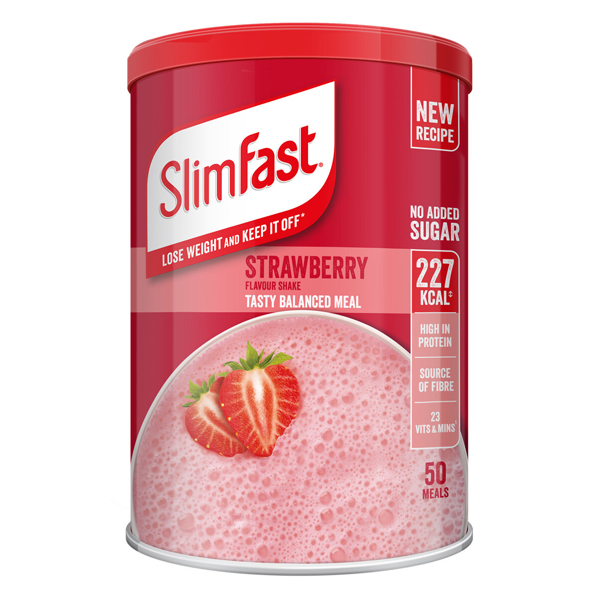 Pot of Slimfast protein powder red pot with strawberry shake on it