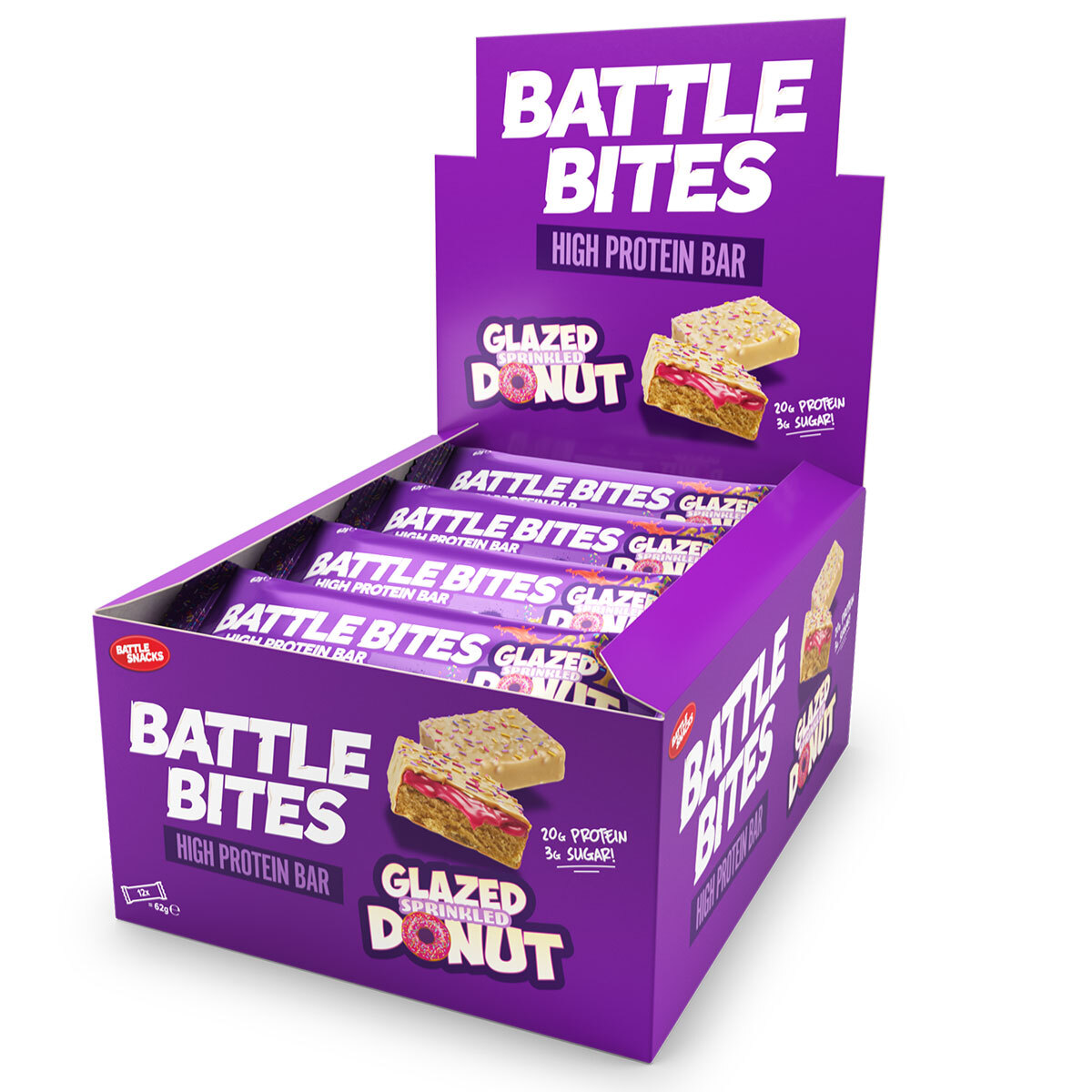 Battle Bites Glazed Sprinkled Doughnut Flavour Protein Bars, 12 x 62g