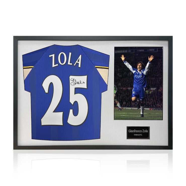 Gianfranco Zola Signed Framed Chelsea Football Shirt in White Gianfranco Zola Signed Framed Chelsea Football Shirt in White
