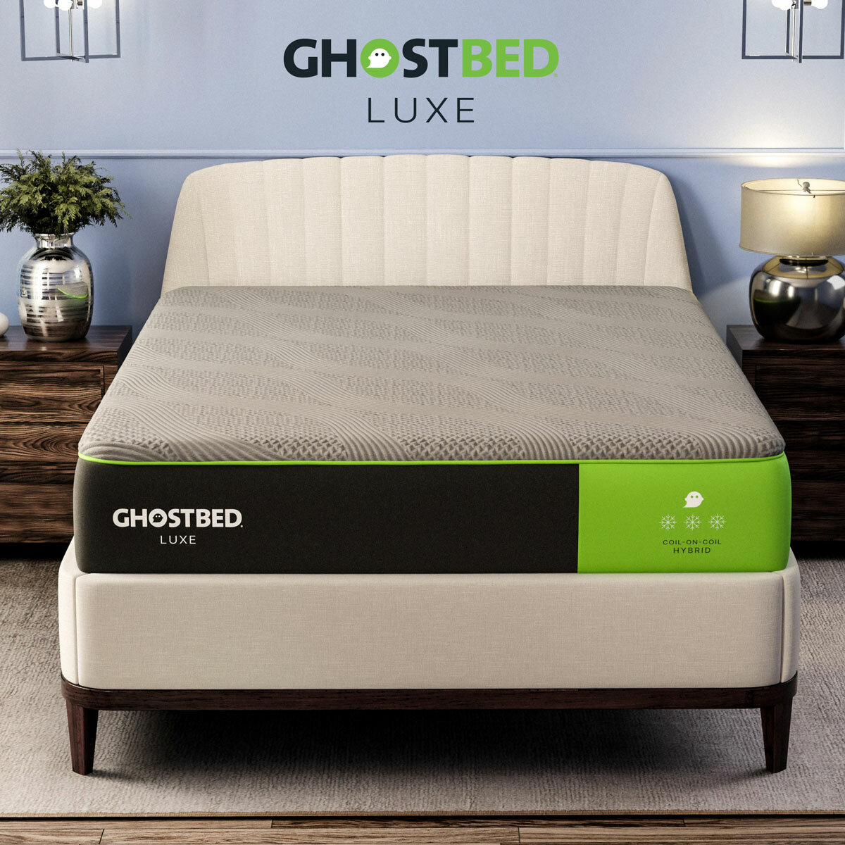 Ghostbed Luxe Pocket Sprung Cooling Mattress on Bed Frame