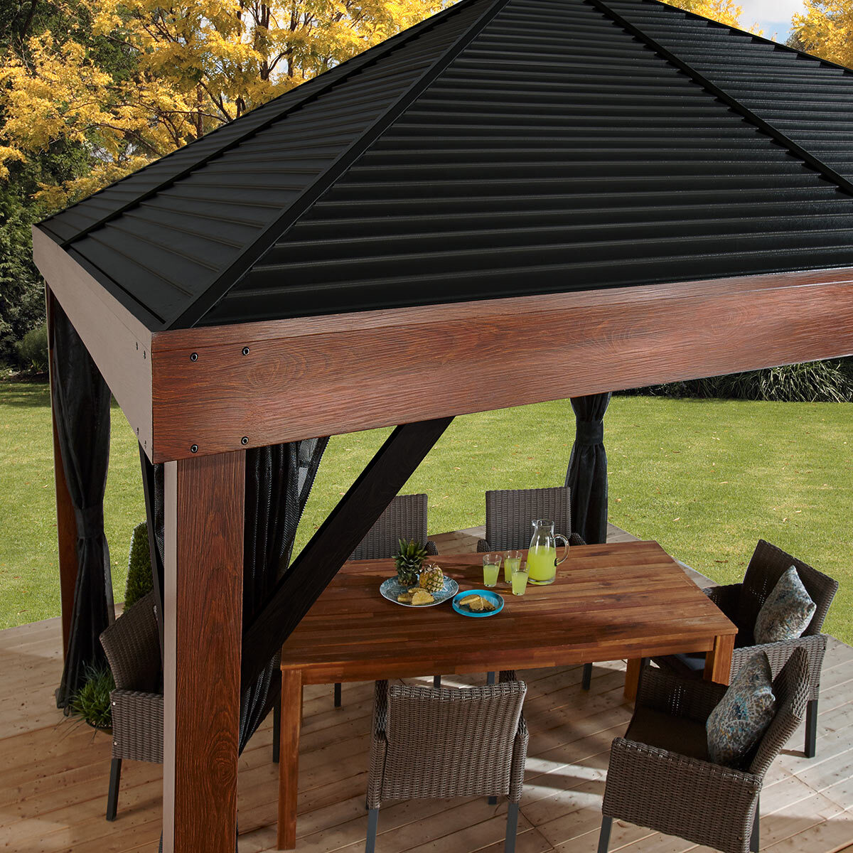 Sojag Valencia 12ft x 12ft (3.63 x 3.63m) Wood Look Sun Shelter with Galvanised Steel Roof + Insect Netting