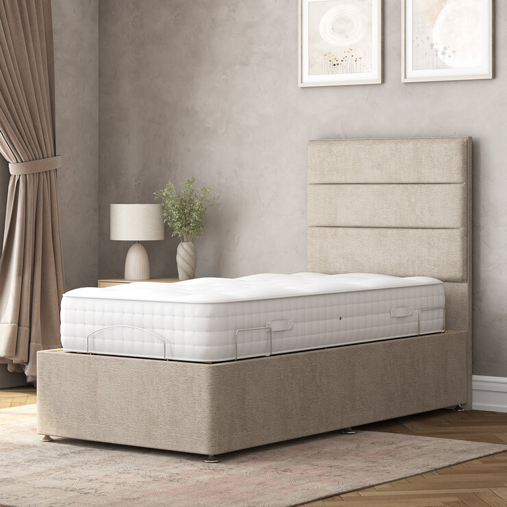 Highgrove Radnor Taupe Fabric Electric Adjustable Bed Frame with 1000 Spring Count Long Single Mattress in 2 Firmness Ratings