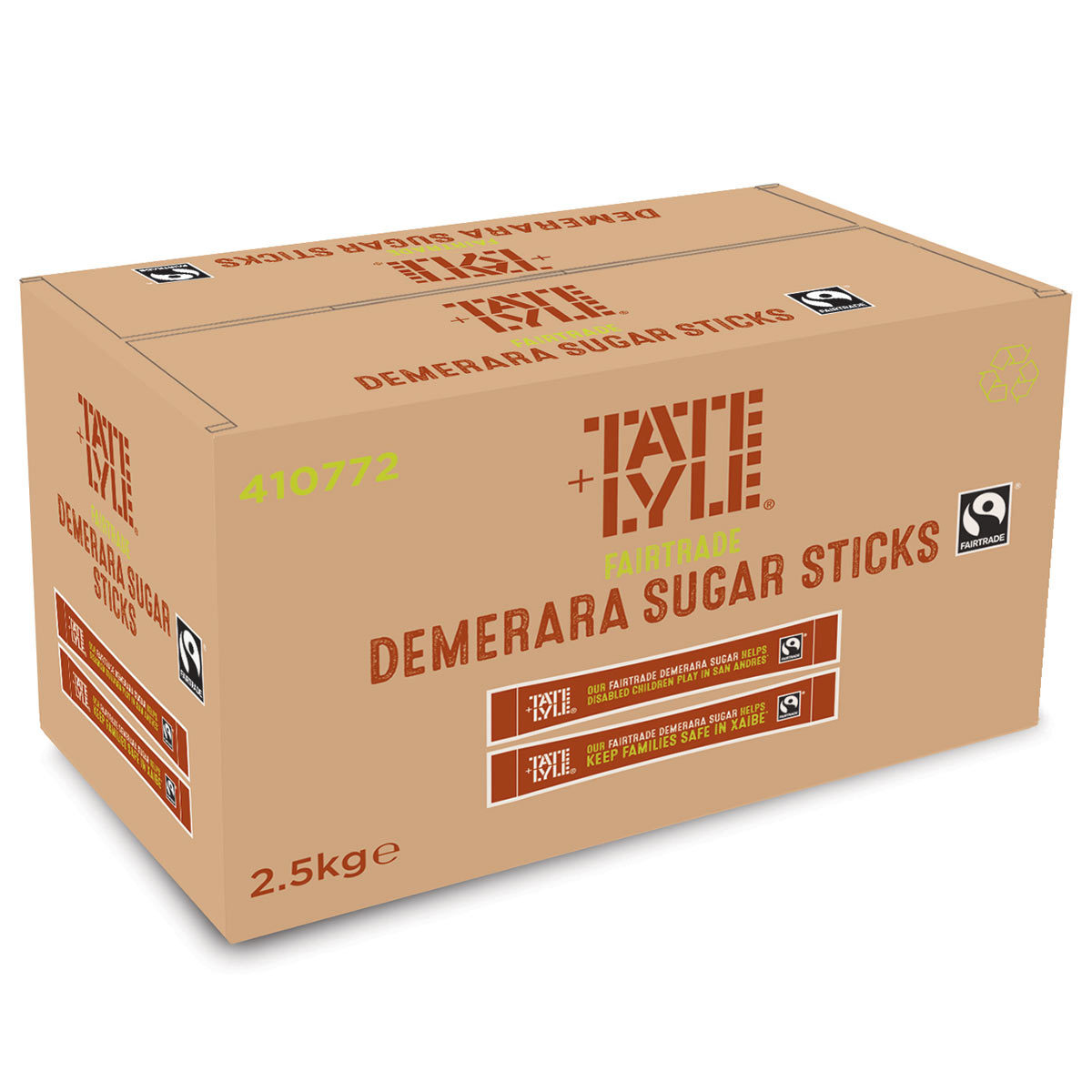 Image of brown Tate & Lyle box on white background with Demerara Sugar Sticks text