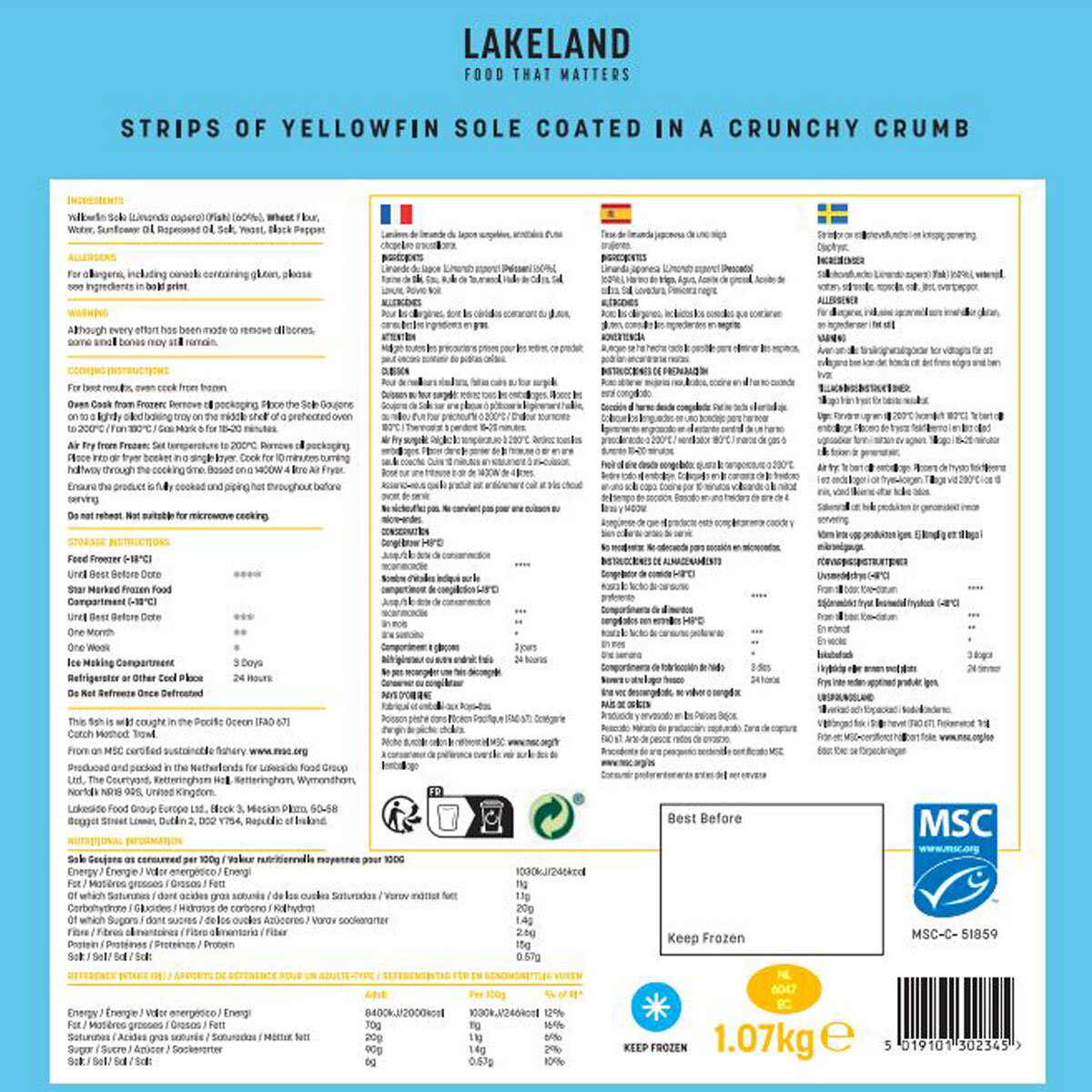 Lakeland Premium Yellowfin Sole Goujons, 1.07kg