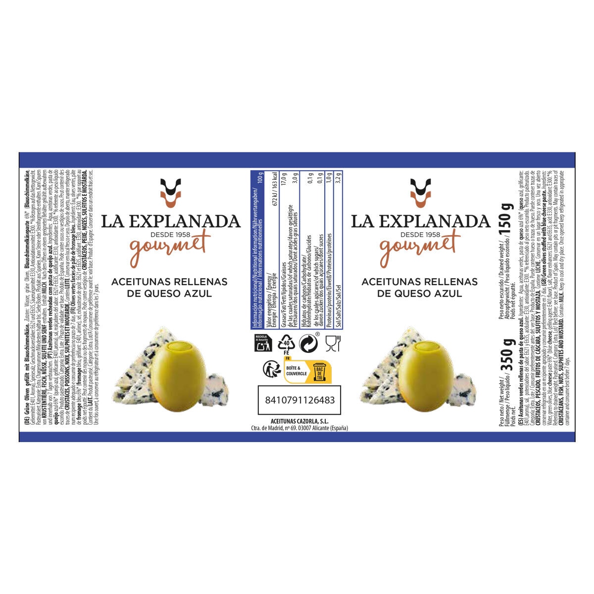 La Explanada Aceitunas Rellenas De Queso Azul, 350g
