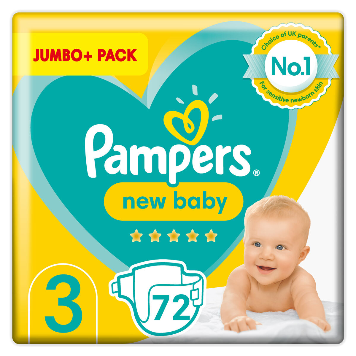 Pampers New Baby Nappies Size 3, Jumbo+ 72 Pack