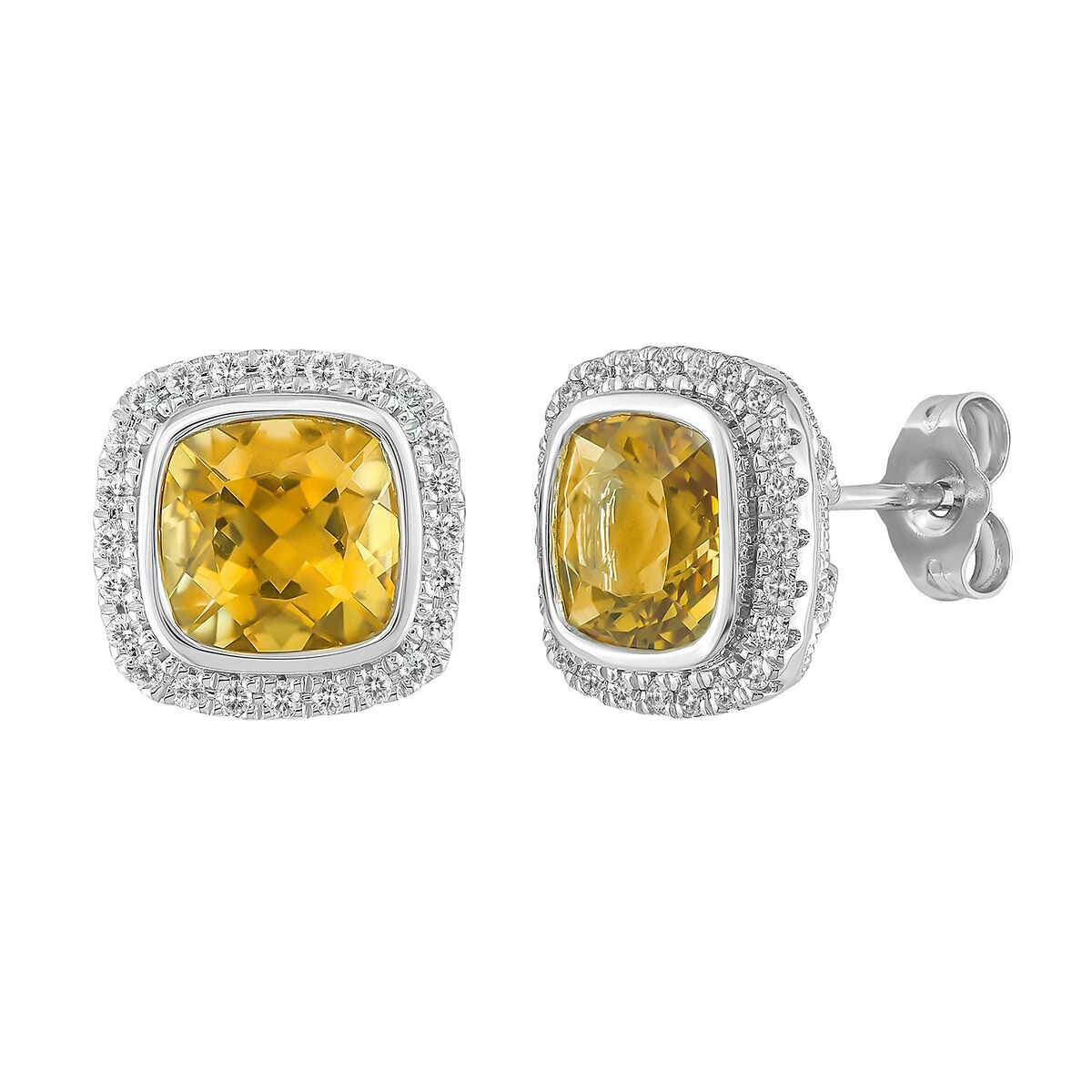 Cushion Cut Citrine & 0.23ctw Diamond Stud Earring, 14ct Whit Gold