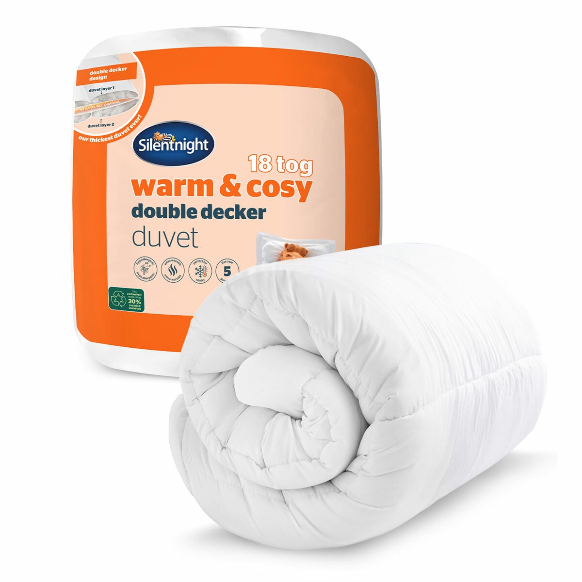 Plain image of rolled up 18 tog blanket next to packaging