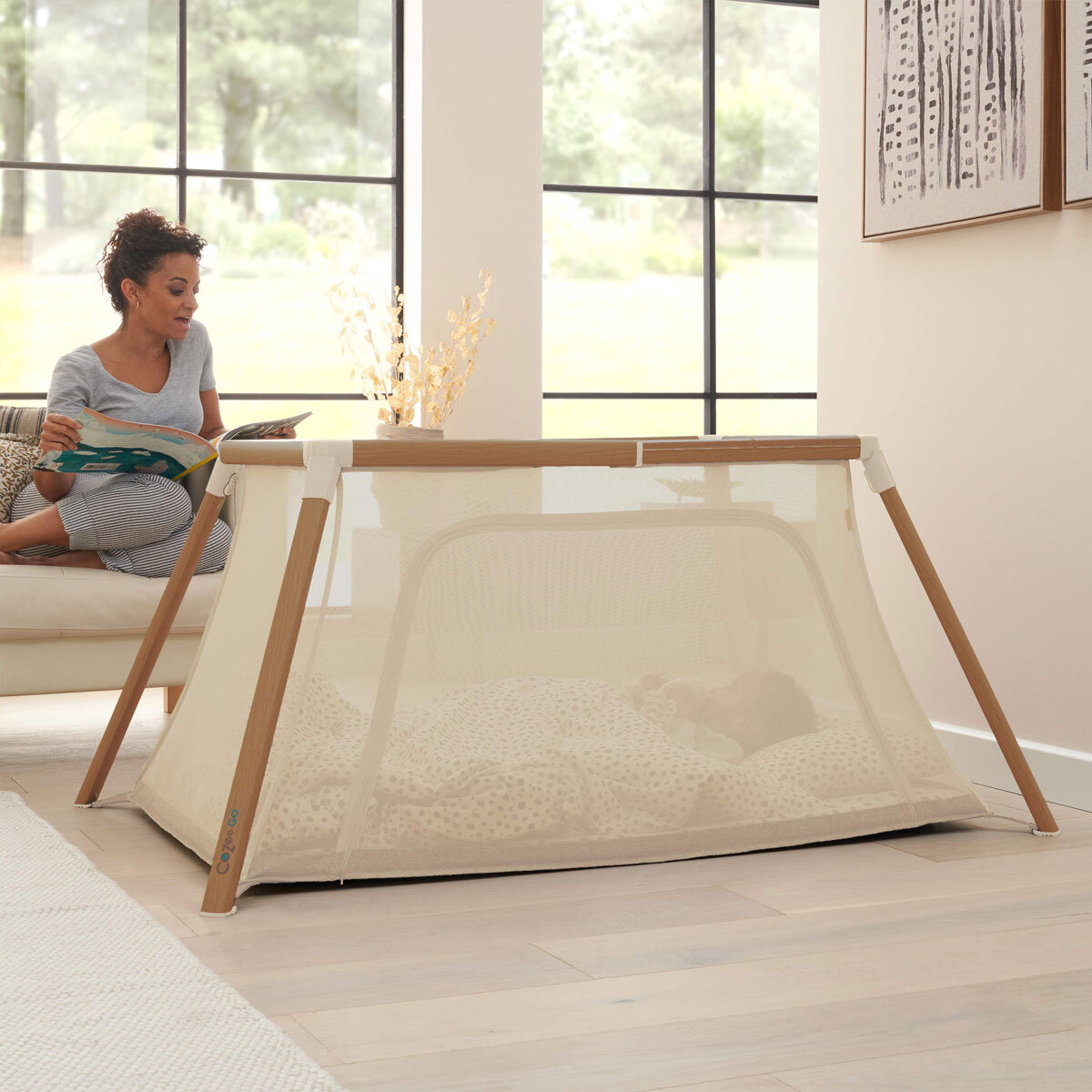 Tutti Bambini CoZee Go Day & Night Travel Cot Bundle, Walnut & Ecru Finish