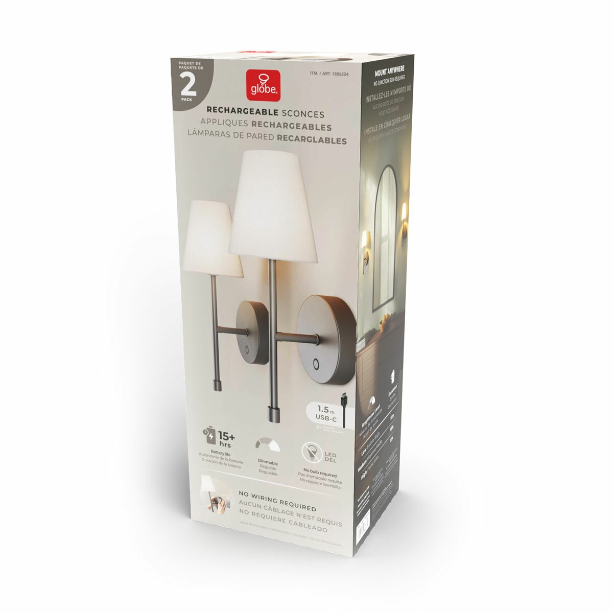 Globe Electric Wireless Rechargeable LED Integrated Wall Sconce in Bronze Gold, 2 Pack