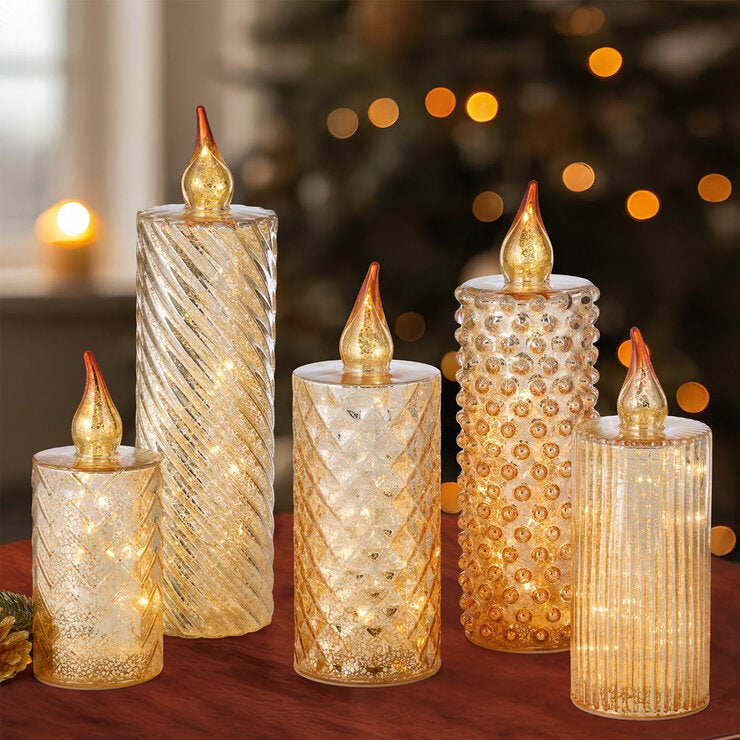 Glass LED Candles In Gold - Set Of 5 Glass LED Candles In Gold - Set Of 5