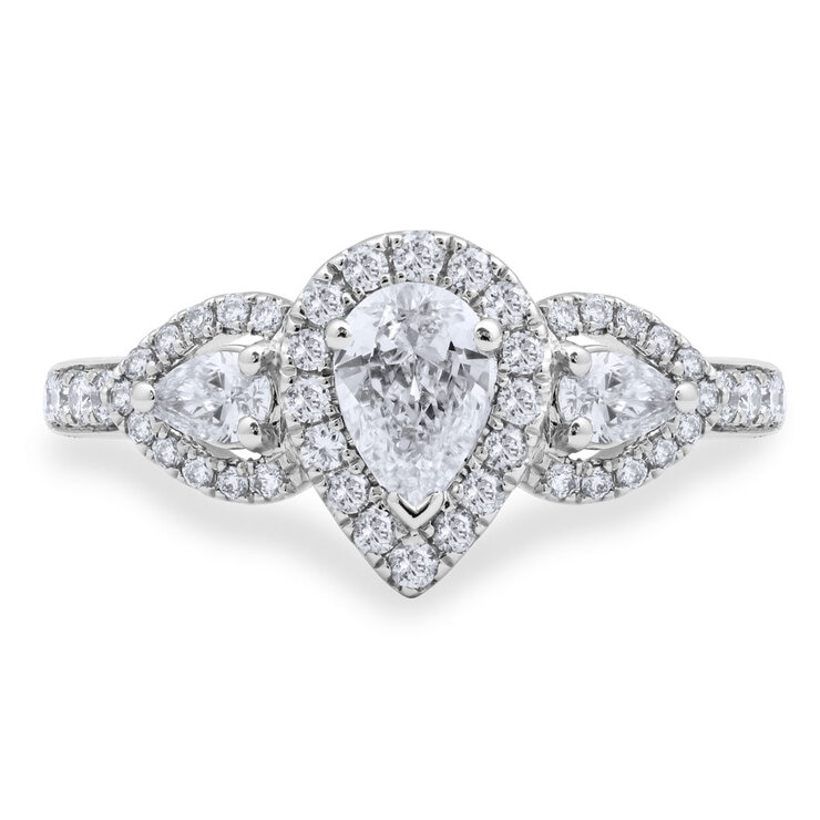 1.03ctw Pear Cut Diamond Halo Trilogy Ring, 18ct White Gold 1.03ctw Pear Cut Diamond Halo Trilogy Ring, 18ct White Gold