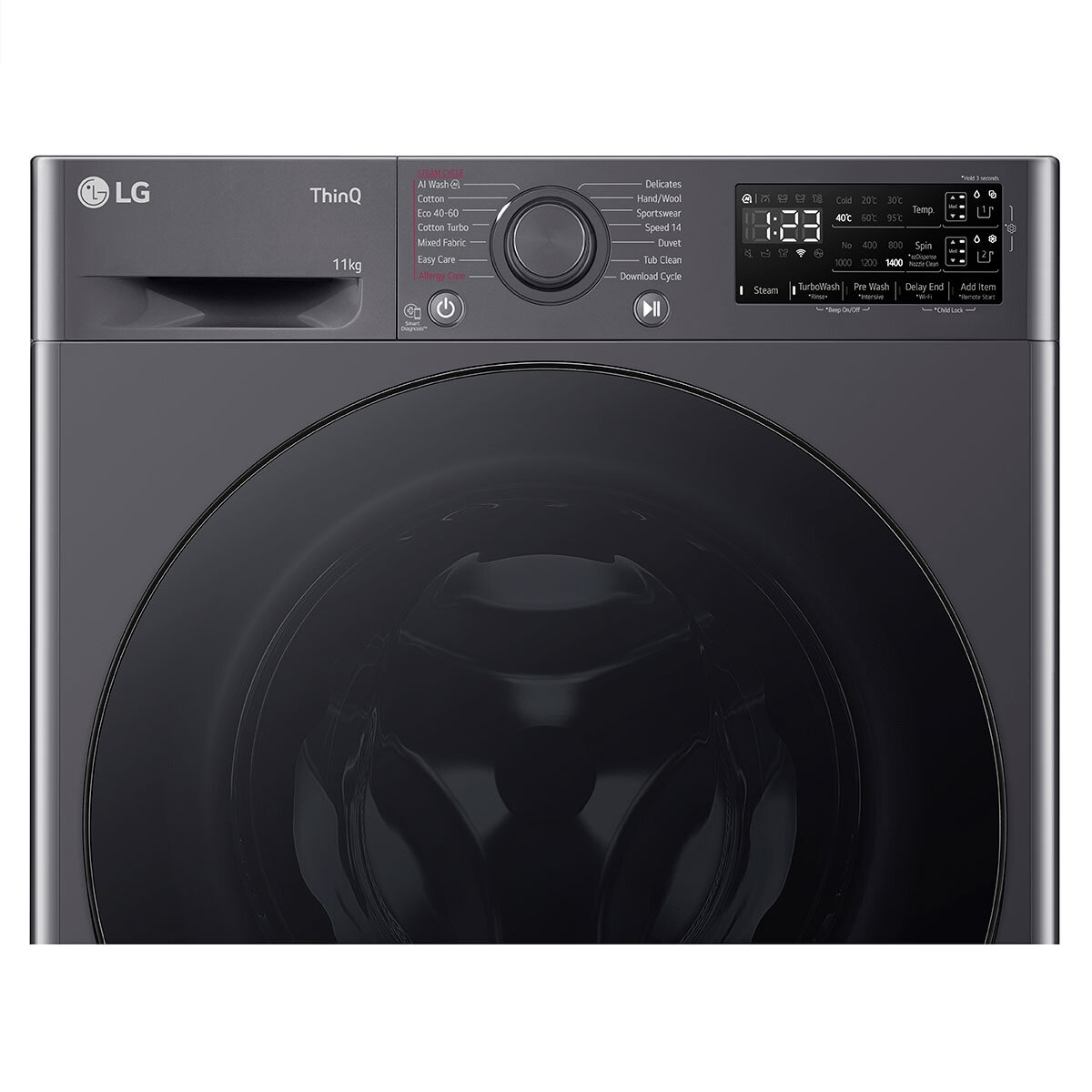 Close up top half LG EZDispense F4Y511GBLA1 11kg 1400 Spin Washing Machine, A Rated in Grey