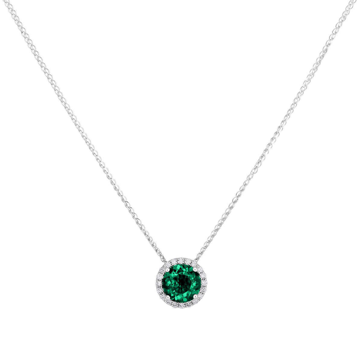 Round Cut Lab Emerald & 0.16ctw Diamond Necklace, 14ct White Gold