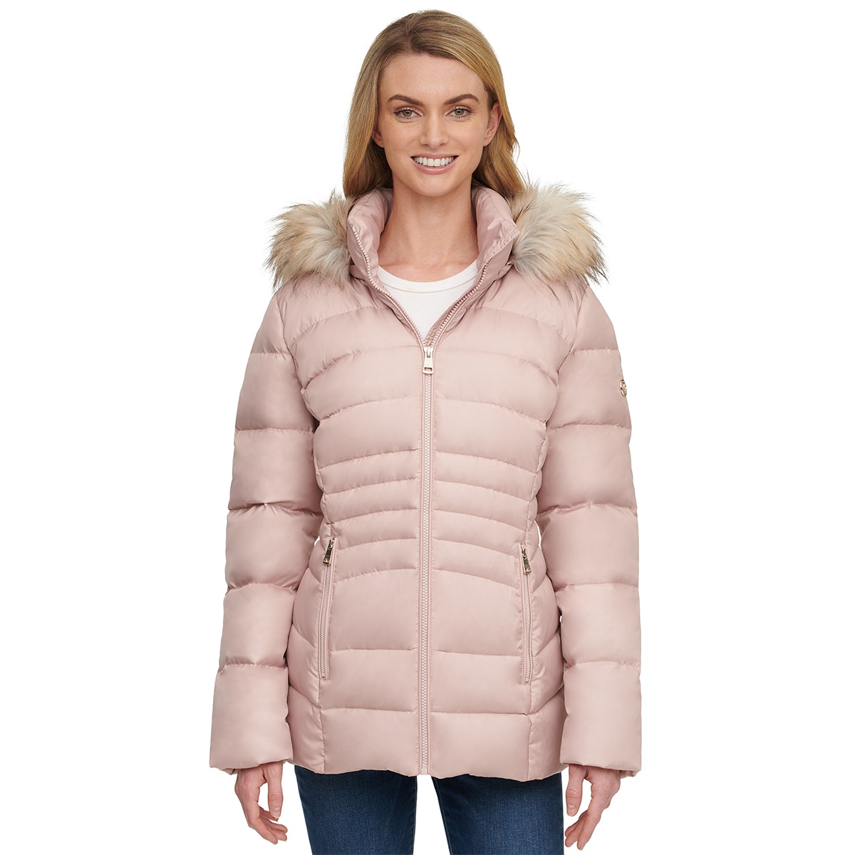 Andrew Marc Women's Short Down Jacket with Faux Fur Trim Hood in Dusk Rose, Medium