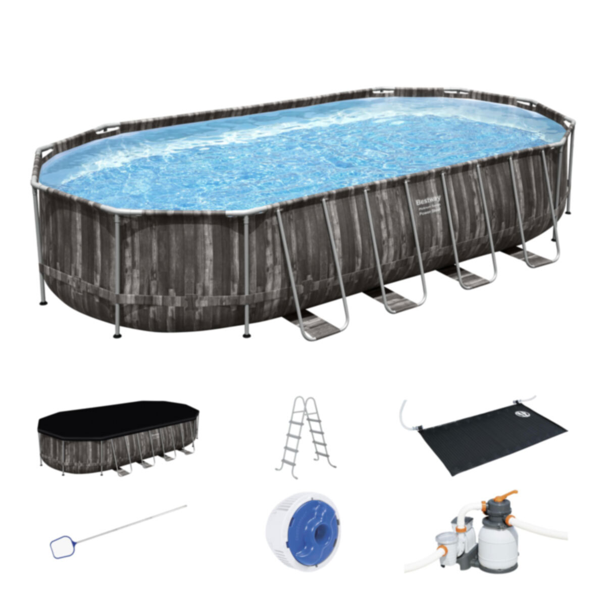 Bestway 22 x 12 ft Power Steel Oval Frame Pool with Sand Filter Pump, Solar Powered Pool Pad and