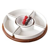 Over & Back Acacia Lazy Susan with 4 Porcelain Dishes Serving Set